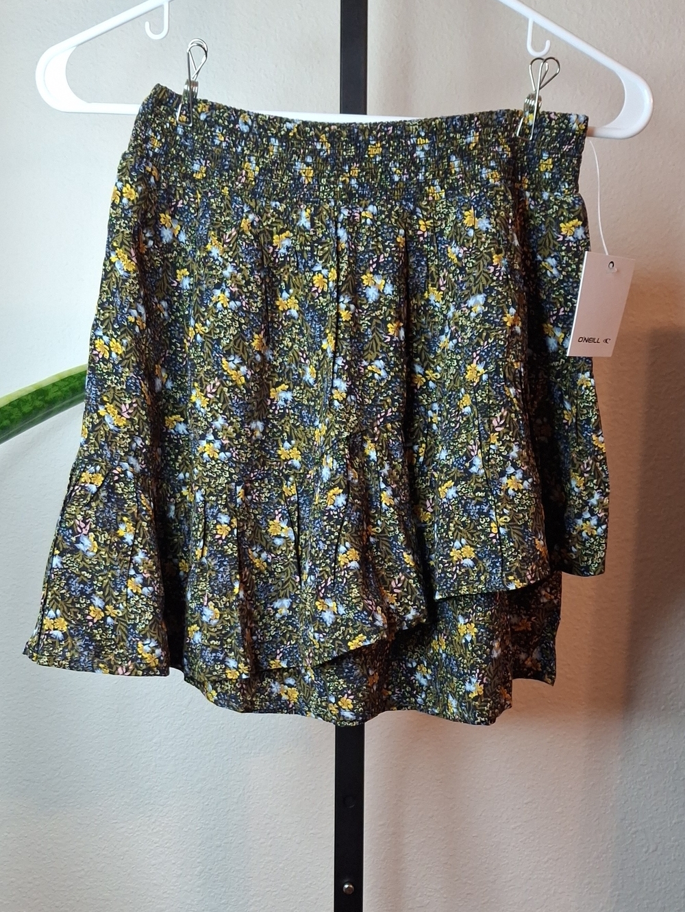O'Neill Olive Green Floral Tiered Skirt with Yellow & Blue Accents